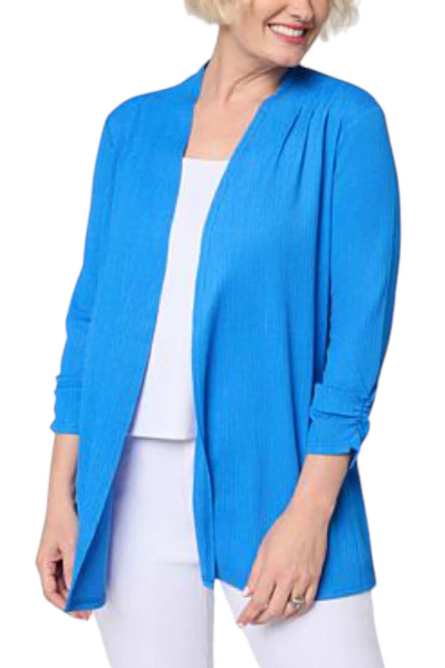Nina Leonard Women's 3/4-Sleeve Crinkle Rib Topper Blue Suede - Petite